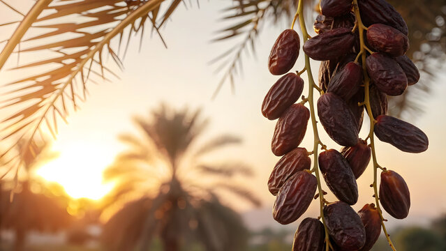 Fresh dates hanging on a palm tree. Organic sweet fruit harvest at sunset in an orchard.