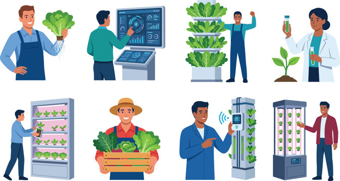 Smart farming and hydroponic agriculture characters vector set