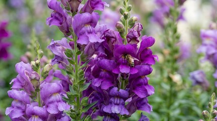 Obraz premium Purple snapdragon flowers in full bloom with a honeybee collecting pollen in a garden setting