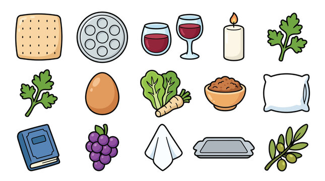 A comprehensive collection of traditional Passover Seder items and symbols, including matzah, wine, Seder plate, and other ritual foods.