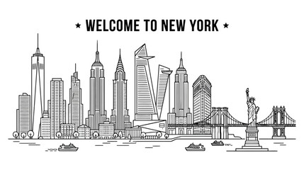 Obraz premium New York City Skyline Line Art - Welcome To New York Vector Illustration