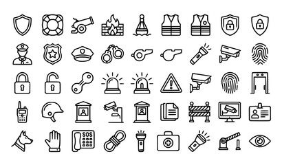 Editable Black and White Security Guard Line Icons Set with Safety Protection Vector Collection © MDSALIM