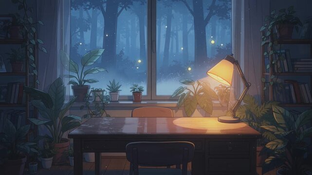 cozy study desk with lamp and plants by night window forest view