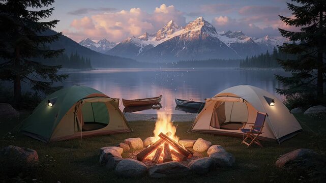camping tents by lake at dusk with campfire and snow-capped mountains