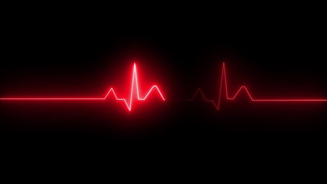 Glowing neon red color heartbeat rate and pulse line with grid, loop motion animate footage. neon heartbeat line animation. Glowing red ECG Heartbeat Line animation 
