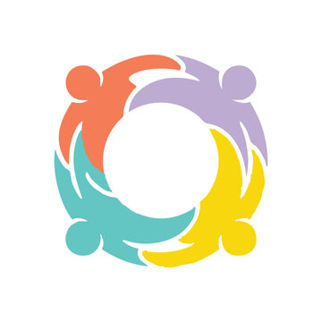 Abstract colorful icon of four people holding hands in a circle representing teamwork and unity and community