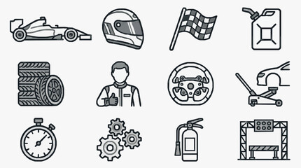 Obraz premium Creative Black and White Line Drawing Icons Set Featuring Racing and Mechanic Tools Safety Gear and Equipment