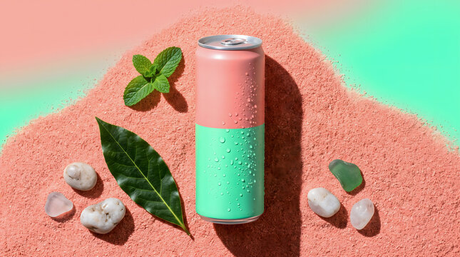 High-angle product shot of a minimalist, matte seltzer can with no logo on soft coral sand, framed by bay leaves and quartz pebbles.