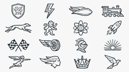 Elegant Black and White Line Art Icons Set of 20 Distinct Symbols Featuring Animals Vehicles and Abstract Shapes © Favi