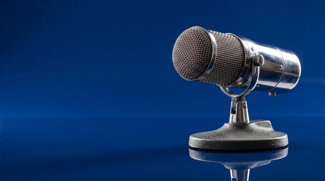 Vintage microphone on blue reflective background with copy space