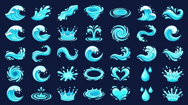 "Create a premium flat vector collection featuring 30 dynamic water splash effects arranged in a clean 5&times;6 grid on a dark navy or transparent background. The collection should include a wide variety o
