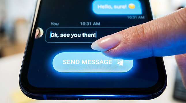 Finger pressing send button on smartphone screen