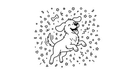 Obraz premium Happy dog celebrating with confetti shower. Playful golden retriever enjoying festive party atmosphere in cartoon style.