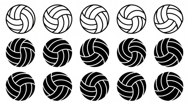"Create a premium flat vector collection featuring 10 volleyball ball icons arranged in a clean 2&times;5 grid on a white or transparent background. The collection should showcase both outline and solid sil