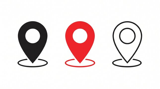 "Create a premium flat vector collection featuring three modern location pin icons displayed horizontally on a clean white or transparent background. The collection should include three stylistic vari