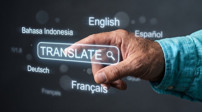 Hand touching digital translate button on virtual interface