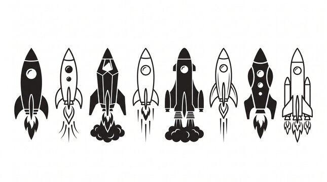 "Create a premium flat vector collection featuring 8 modern rocket ship icons displayed horizontally on a clean white or transparent background. The collection should showcase a variety of retro and f