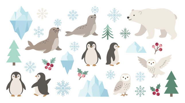 Arctic wildlife collection featuring polar bears, seals, and penguins.