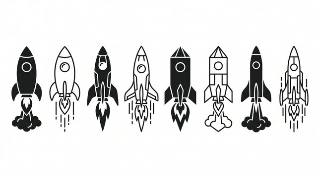 "Create a premium flat vector collection featuring 8 modern rocket ship icons displayed horizontally on a clean white or transparent background. The collection should showcase a variety of retro and f