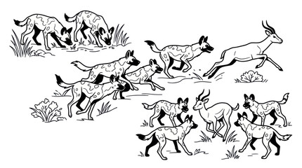 Obraz premium African wild dogs chasing impala wildlife line art.