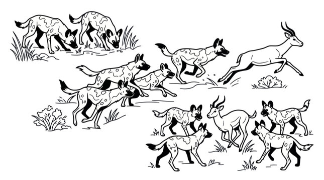 African wild dogs chasing impala wildlife line art.