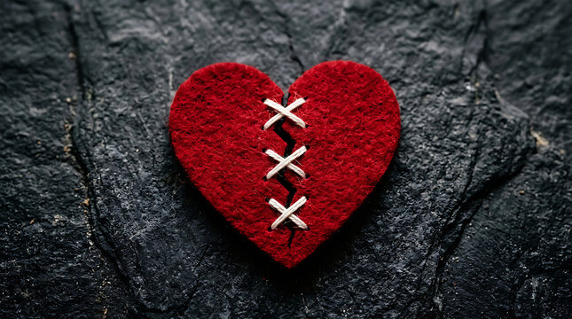 Red heart-shaped patch with white cross stitches on dark fabric