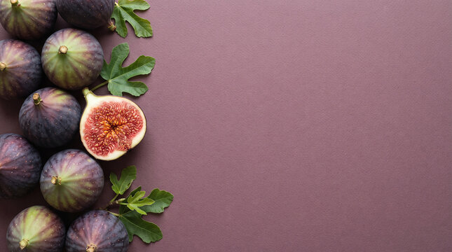 A neat arrangement of fresh, dark purple figs and green leaves on a muted purple background with ample copy space, suitable for food and diet concepts