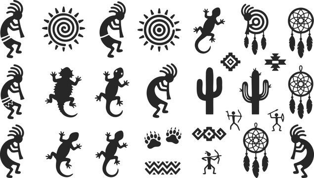 Southwest Native American style vector icons, Kokopelli and tribal symbols set, black silhouette desert lizard and dreamcatcher elements