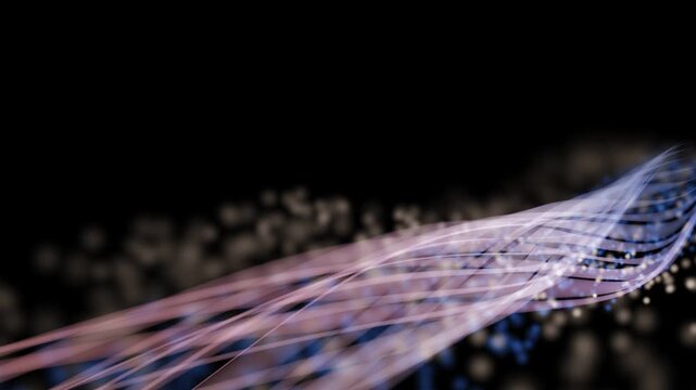 A mesmerizing digital animation unfolds against a deep black background with flowing strands resembling delicate glowing ribbons moving from left to right in a sweeping wave-like pattern