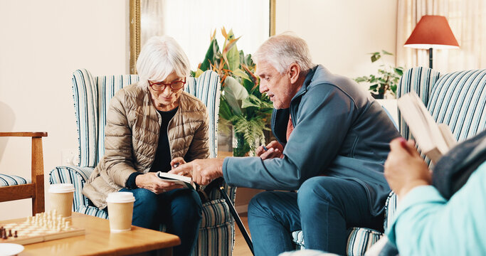 Old people, relax and reading at house with crossword, word search and quiz for health. Senior friends, helping or book in home with sudoku games, problem solving and puzzle activity for brain teaser