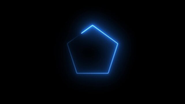 Glowing blue neon pentagon shape rotating animation on black background, light abstract