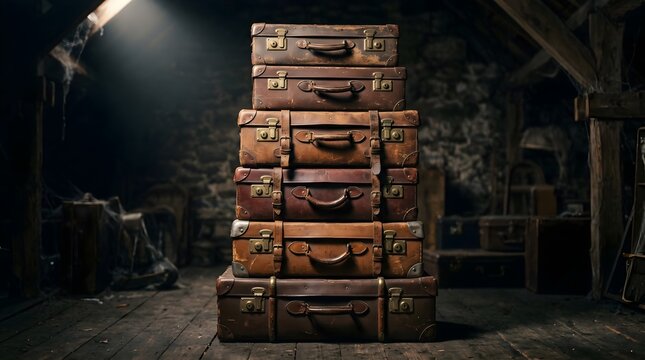 Vintage leather suitcases stacked in dark attic, antique travel trunks in dusty cellar, old weathered luggage collection in moody storage room