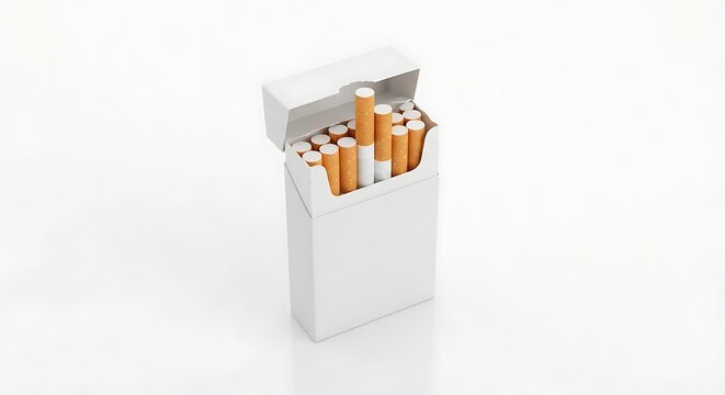 Open white cardboard pack of cigarettes with visible sticks inside on clean surface