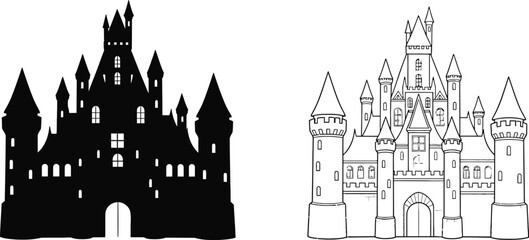 Castle Icon Illustration with Two Silhouettes on a White Background © Jebin