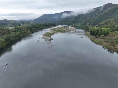 Aerial View of Sada Chinka Bridge over the Shimanto River on a Cloudy Early Summer Morning, Kochi, Japan