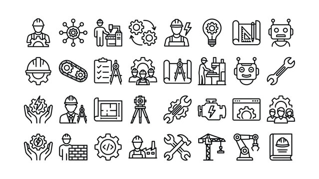 Collection of various industry and engineering related icons with transparent background