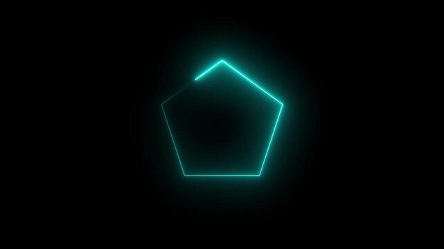 Glowing cyan neon pentagon shape pulsing on black background, abstract geometric light animation
