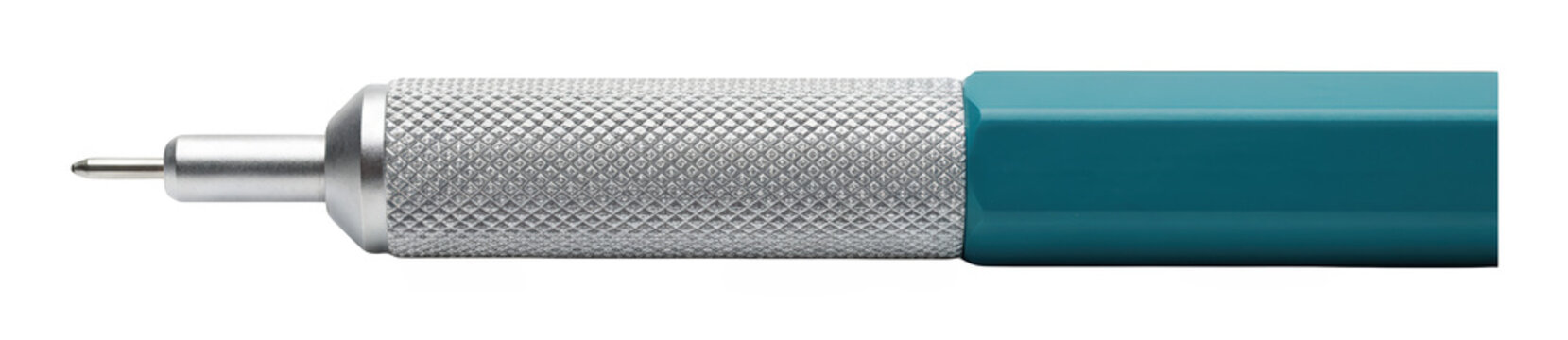 Professional teal precision scriber with a knurled silver metal grip isolated transparent background image