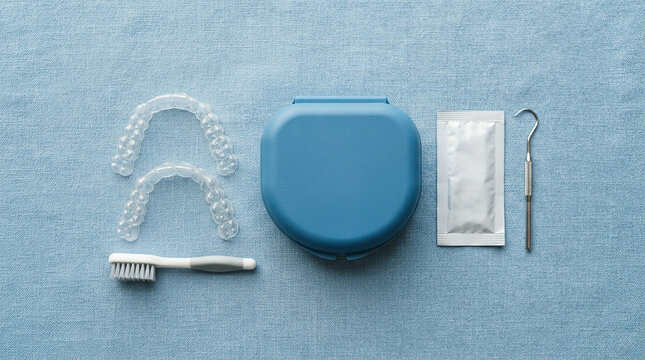 A neat, top-down flat lay of clear dental aligners, a retainer case, a toothbrush, and cleaning accessories on a light blue textured background