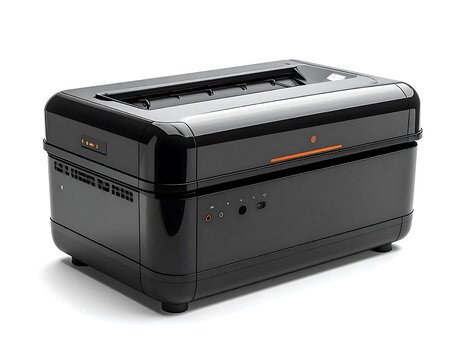 Modern black office printer device isolated on white background.