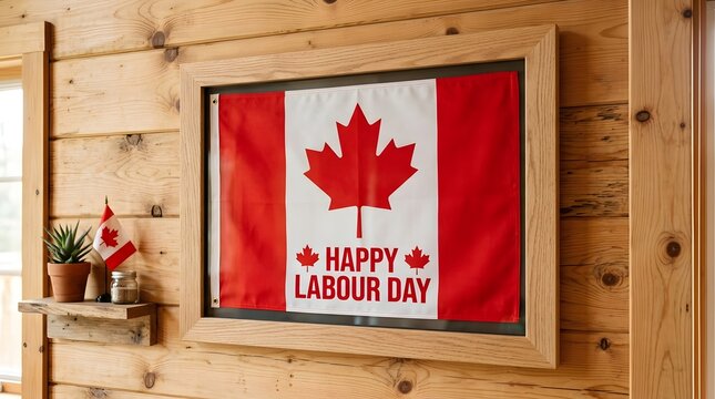 Canadian flag with Happy Labour Day text. Patriotic wall decor for Canadian holiday.