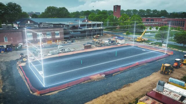 BIM software overlay visualization on construction site of new school building.
