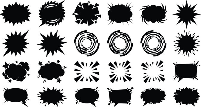 Set of black vector comic speech bubbles and explosion shapes for dynamic graphic design
