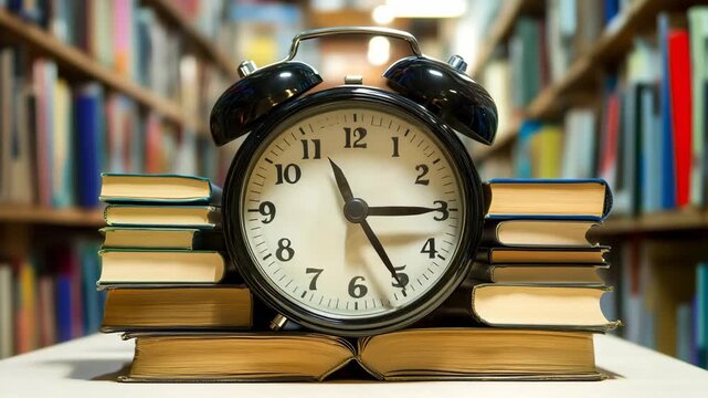 Black vintage alarm clock placed on stack of old books in library aisle. Concept of historical time and educational heritage