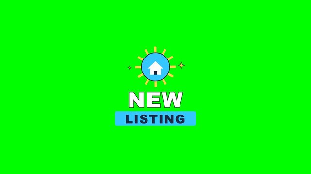 4K green screen NEW LISTING real estate badge - a house medallion with a starburst, animated realtor listing overlay for property marketing and social media, chroma key