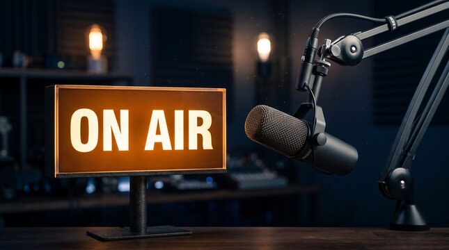 Professional Microphone and On Air Sign in Podcast Studio