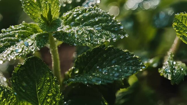 macro shot of fresh mint leaves with dew