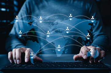 Global business network and remote workforce connection concept with world map, international user...