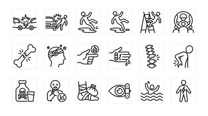 Fototapeta premium Ultimate hand drawn personal injury claims and bodily trauma medical vector icons grid mockup