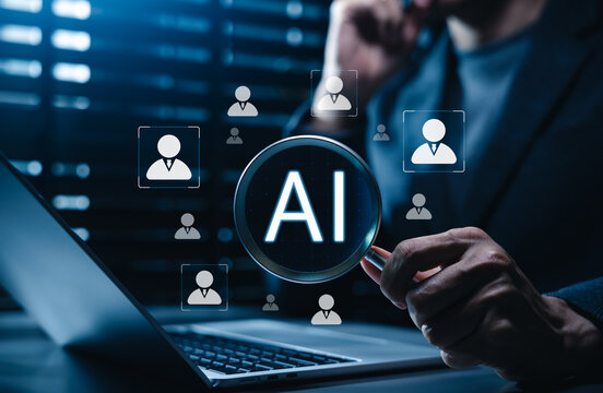 AI recruitment and talent acquisition concept. HR manager using magnifying glass to evaluate candidate profiles, automated screening, workforce planning, hiring decisions, human resources efficiency